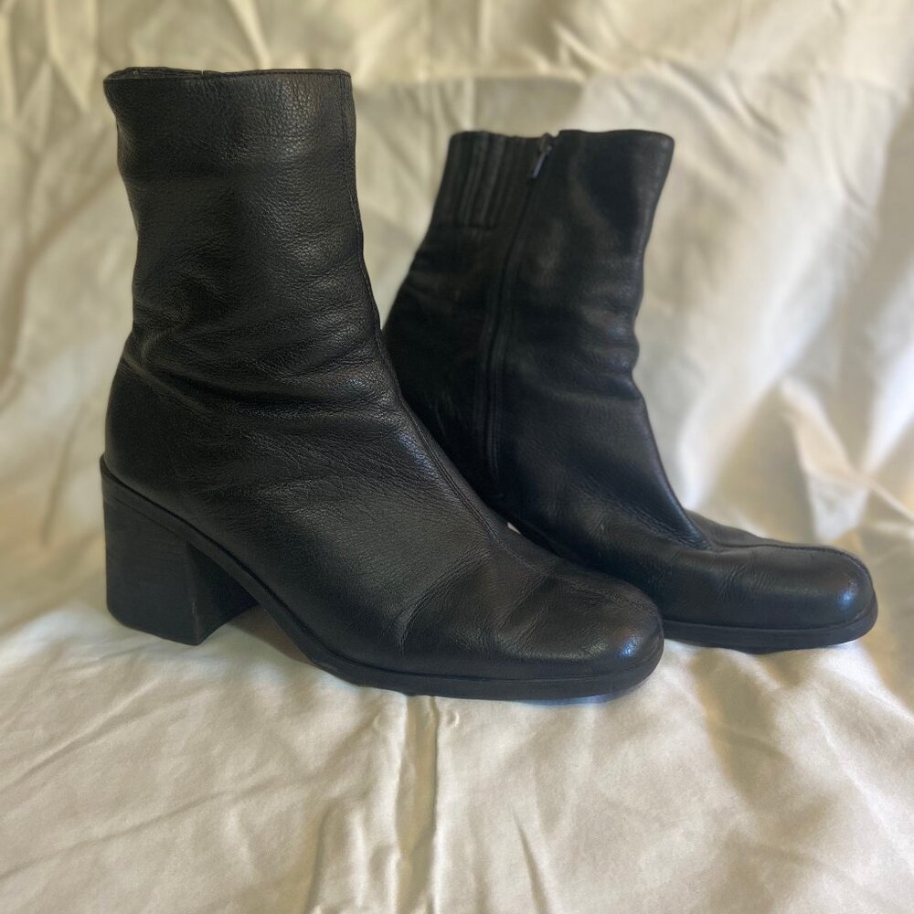 Black leather square toe chunky heel boots US womens' 11